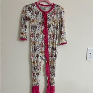 Girls White and Pink Ruffle-Front One-Piece Pajama Princess and Unicorn themed